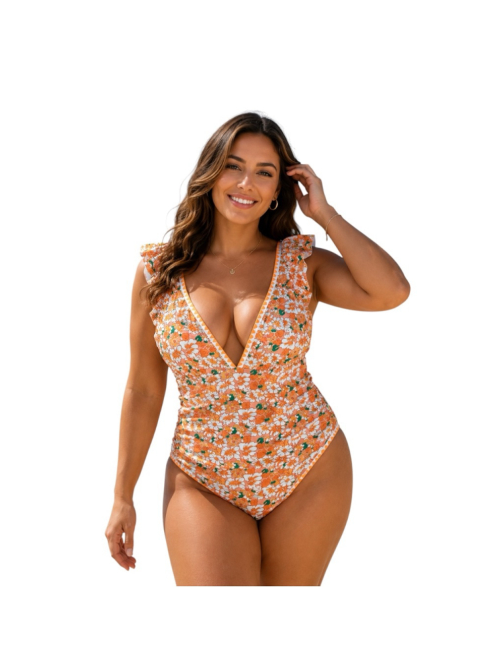 Aidonger Orange Floral One Piece Swimsuit Size Large NWT